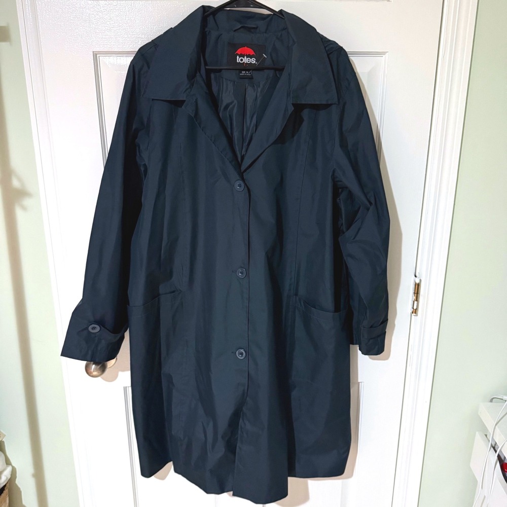 Totes Men's XL Navy Blue Hooded Rain Jacket Trench Coat Mid Length RN 81700